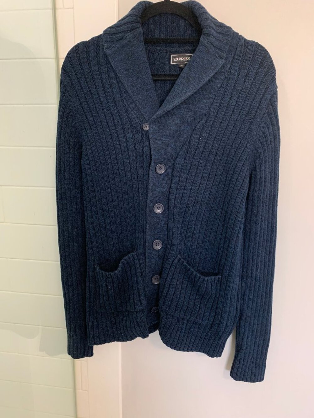 Express Cardigan Sweater Men M Blue Shawl Collar Pockets Grandpa Academia Preppy